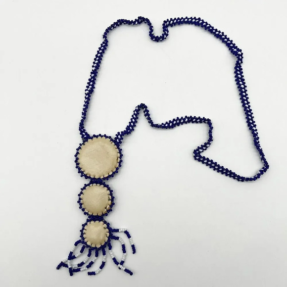 Vintage Handmade Blue Seed Bead Boho Necklace Dream catcher Hide Leather Back - Picture 6 of 8